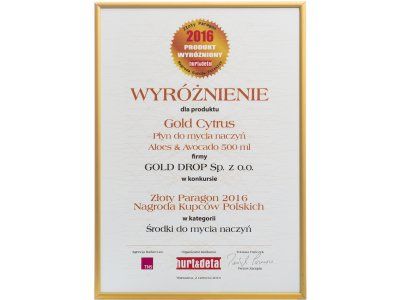 Golden Receipt – Polish Merchants' Award 2016 for Gold Cytrus Aloes&Avocado washing-up liquid 500 ml in the category of dishwashing agents
