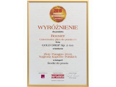 Zlatý paragón Cena poľských obchodníkov 2016 pre univerzálny tekutý prášok na pranie Booster v kategórii pracie prášky