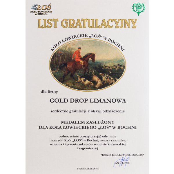 Odznaczenie dla Gold Drop Medalem Zasłużonym dla Koła Łowieckiego "ŁOŚ" w Bochni