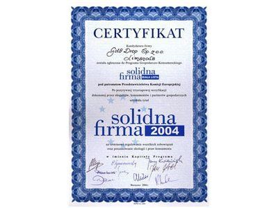 Certyfikat "SOLIDNA FIRMA 2003 i 2004" pod Patronatem Przedstawicielstwa Komisji Europejskiej 