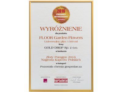 Złoty Paragon Nagroda Kupców Polskich 2016 dla płynu uniwersalnego FLOOR Garden Flowers 1,5L w kategorii chemia gospodarcza