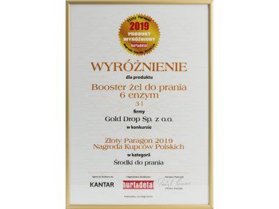 Диплом в конкурсе «Золотой чек Награда польских покупателей 2019» для Booster гель для стирки
