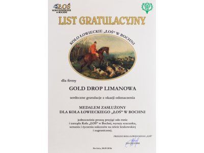 Spoločnosť Gold Drop získala medailu Za zásluhy pre Poľovnícke združenie „ŁOŚ“ v meste Bochnia.