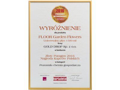 "Arany Számla 2016" a lengyel kereskedők díja a Floor Kerti virág 1,5 literes általános folyadék részére, a háztartási vegyszerek kategóriában.