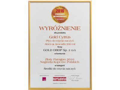"Arany Számla 2016" a lengyel kereskedők díja a Gold Cytrus Aloes&Avocado 500ml mosogatófolyadék részére, a mosogatószerek kategóriában.