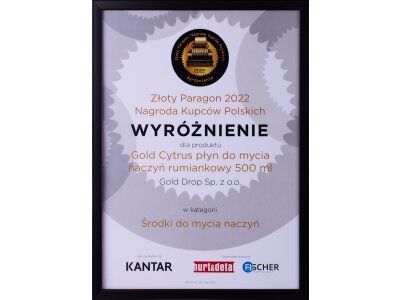 The „Złoty Paragon 2022 – Nagroda Kupców Polskich” (Golden Receipt – Polish Merchants Award) for Gold Cytrus chamomile dishwashing liquid