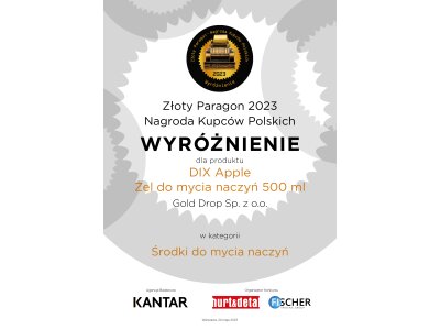 Zlatá účtenka 2023 – Cena poľských obchodníkov“ pre Dix apple gél na umývanie riadu 500 ml