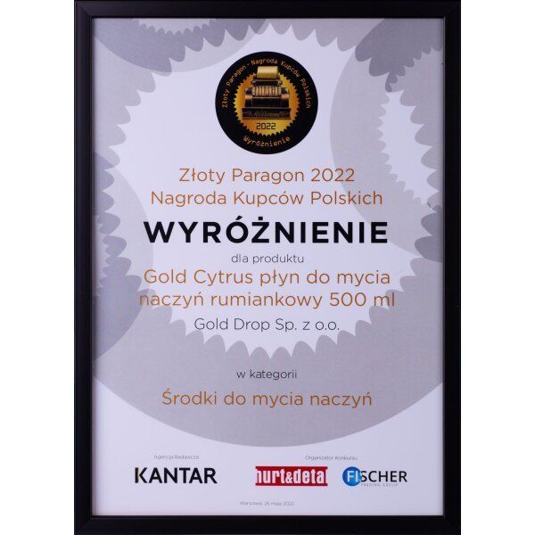 Złoty Paragon 2022 – Nagroda Kupców Polskich wyróżnienie dla Gold Cytrus płyn do mycia naczyń rumiankowy