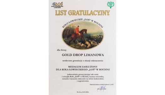Odznaczenie dla Gold Drop Medalem Zasłużonym dla Koła Łowieckiego "ŁOŚ" w Bochni